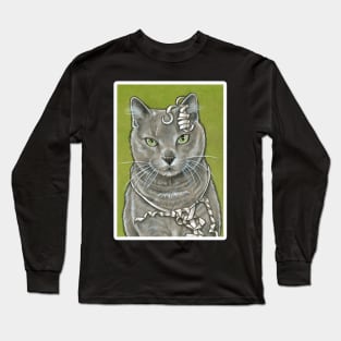 Gray Kitty With Ribbon - White Outlined Version Long Sleeve T-Shirt